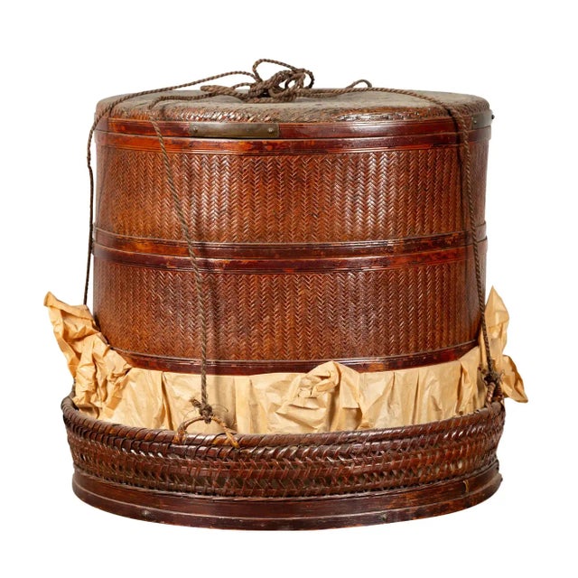 Chinese 19th Century Tiered Food Basket with Stacking Parts, Paper and Rope Ties For Sale - Image 13 of 13