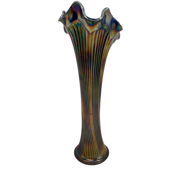 Glass 1930s Antique Fenton Irridescent Ruffled Glass Vase For Sale - Image 7 of 11