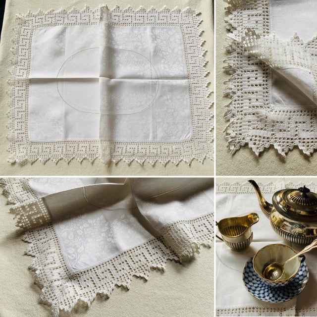 Antique Linen Tea Cloth With Greek Key Lace Border & Woven Medallion Center — Early 20th C. For Sale - Image 17 of 18