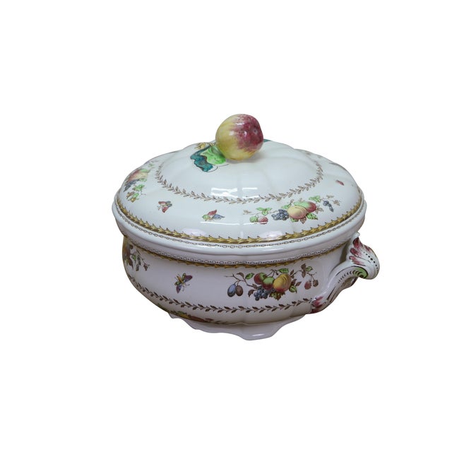 Antique English Spode Rockingham pattern covered oval vegetable dish / soup tureen, featuring detailed fruit and butterfly...
