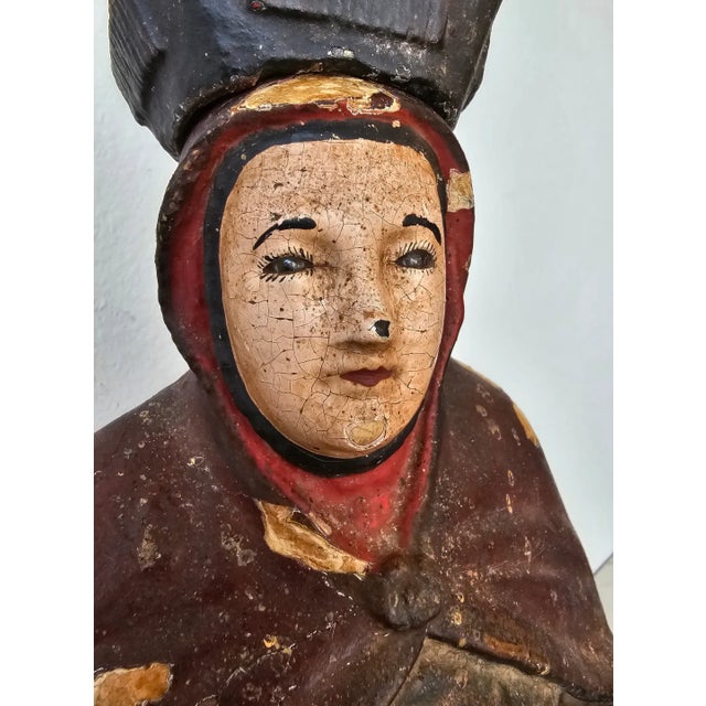Large Antique Spanish Colonial Carved Polychrome Wood Santo Altar Sculpture For Sale - Image 4 of 12