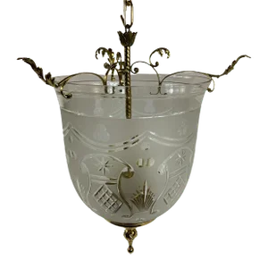 Late 19th Century English Regency Cut/Etched Glass and Brass Bell Hall Lantern