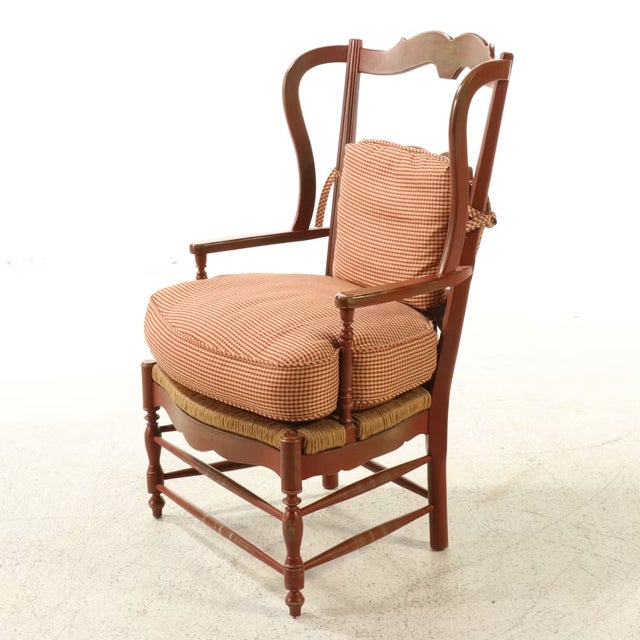 Vintage French Provincial Distressed Terracotta Red Wingback Chair With Gingham Cushions For Sale - Image 9 of 12