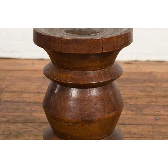Wood 19th Century Rustic Indonesian Solid Wood Turned Stool with Brown Patina For Sale - Image 7 of 12