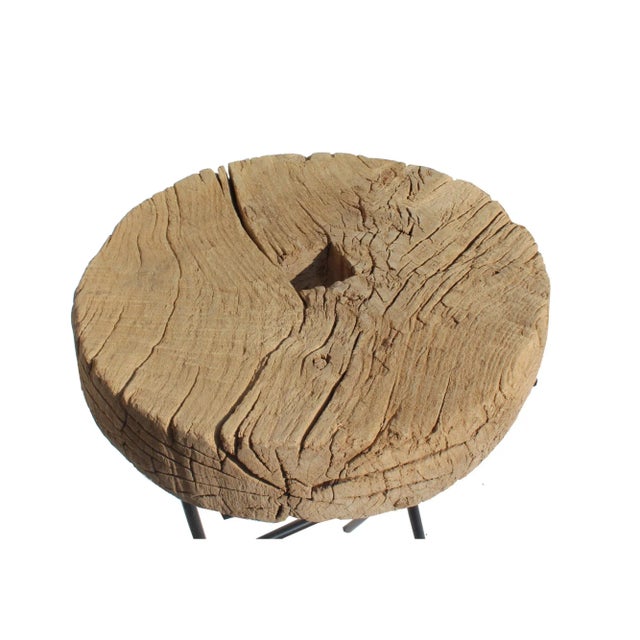 2010s Rustic Raw Wood Round Thick Plank Table Cross Metal Leg Base For Sale - Image 5 of 7
