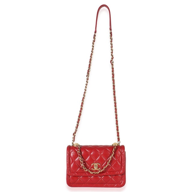 Red Red Quilted Puffy Calfskin Small Twist Your Buttons Flap Bag For Sale - Image 8 of 10