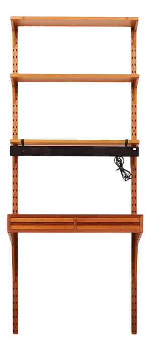 Wall Shelf Royal System 1 in Teak Wood with Writing Shelf & Black Metal Clip-on Lamp by Poul Cadovius for Cado, 1948