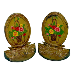 1920’s Cast Iron Bookends Handpainted Enamel Finish Oval Shape Basket Filled With Flowers Motif - A Pair