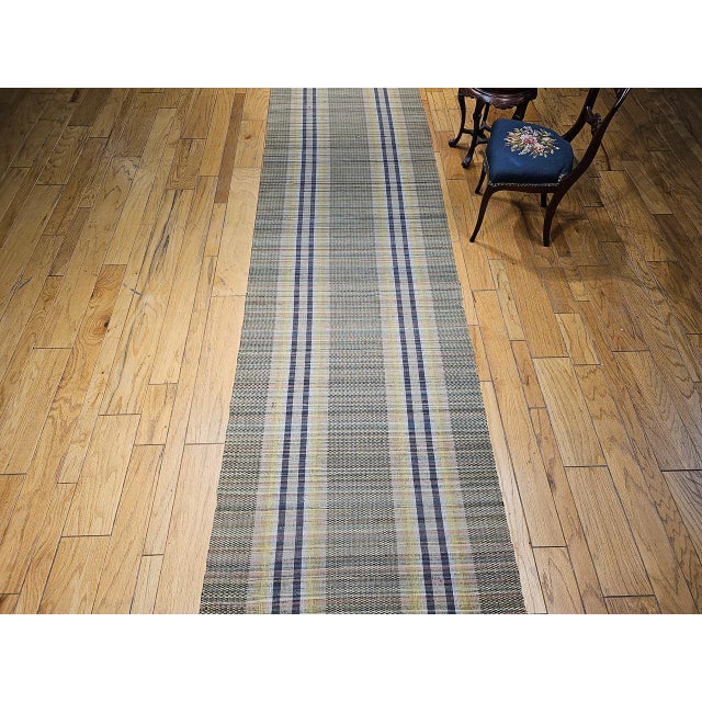Early 20th Century Vintage American Amish Rag Runner, Handwoven Stripe Pattern, Green & Yellow, 3x16 For Sale - Image 5 of 18
