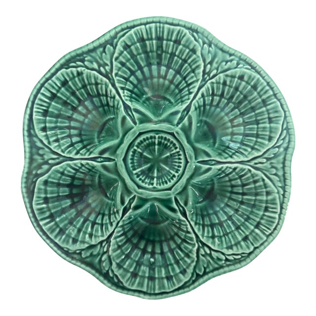 Vintage French Sarreguemines Majolica Oyster Plate – Emerald Green – 10” For Sale