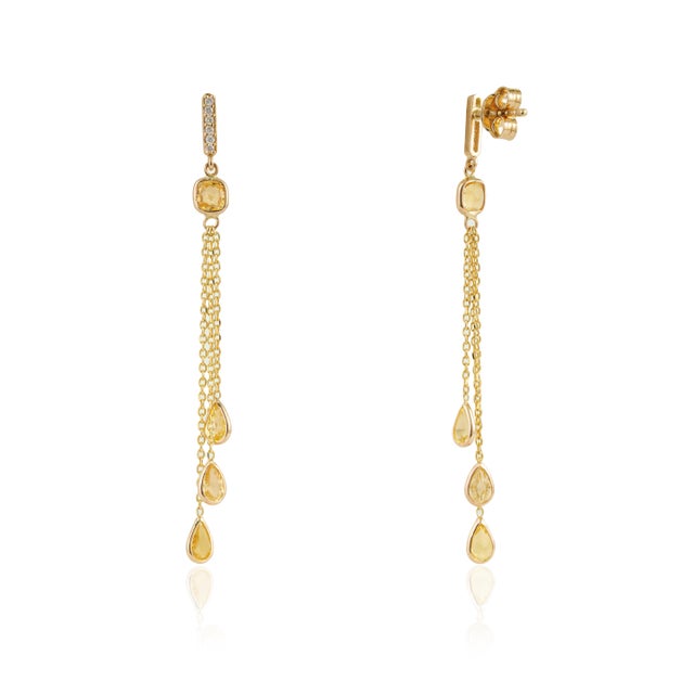 Metal 1.92Ct Yellow Sapphire & Diamond Chain Drop Earrings in 14k Yellow Gold- 2 Pieces For Sale - Image 7 of 13