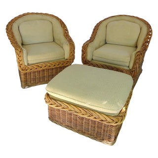 Wicker Works Classic Round Back Chairs & Ottoman For Sale