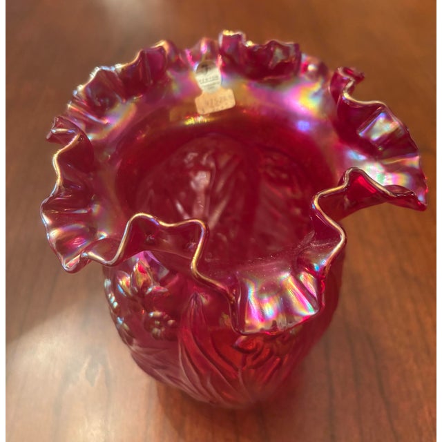 Transitional Fenton Iridescent Red Cranberry Daffodil Vase For Sale - Image 3 of 10