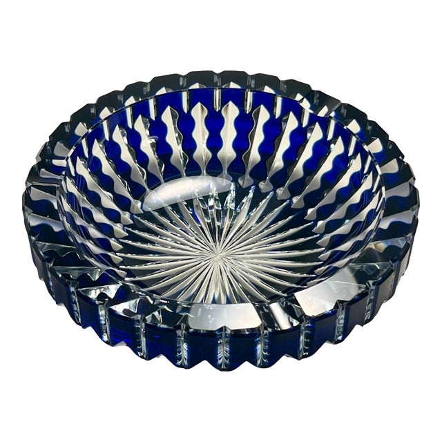 Vintage Moser Glass Czech Republic Cobalt Blue Cut to Clear Crystal Ashtray For Sale
