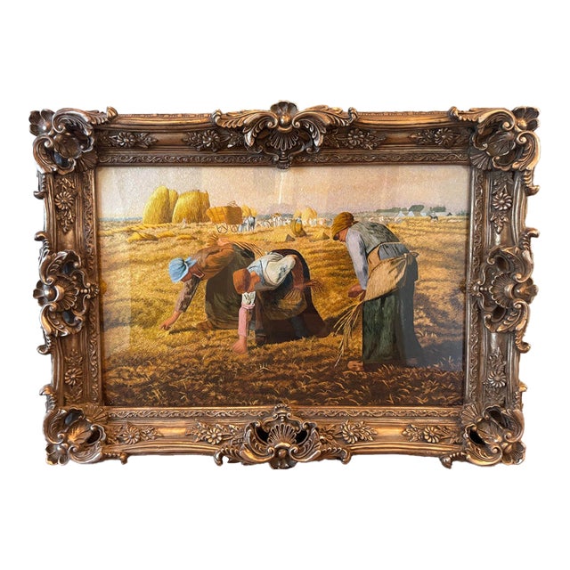 Millet's "The Gleaners" in Hand-Embroidered Silk, Large Baroque Silver Frame For Sale