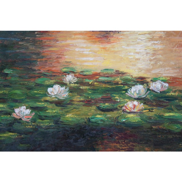 Late 20th Century Vintage Impressionist Water Lilies Lily Pads Pond Oil Painting on Canvas 40" For Sale - Image 5 of 11