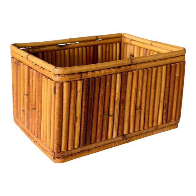 Vintage Boho Coastal Pencil Reed Rattan Storage Basket Box by Marco Basketware For Sale