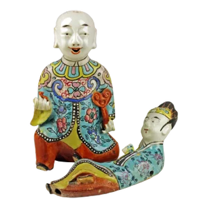 Pair of Mid-19th Century Qing Dynasty Enameled Chinese Porcelain Figurines Depicting Laughing Boy Kneeling and Lying Down