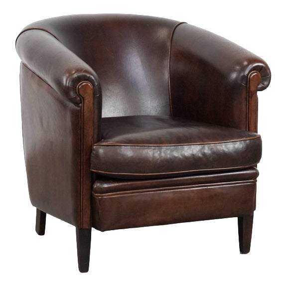 Stylish and Characterful Dark Brown Vintage Club Armchair in English Style Made of Sheepskin with Matching Piping For Sale