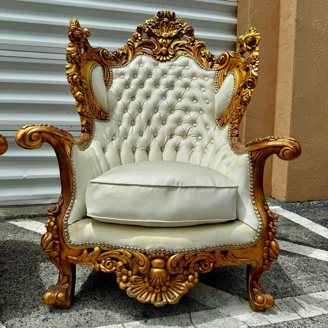 1990s Baroque Style King Size Off-White Leather Chair With Gold Leaf Frame Details For Sale - Image 10 of 10