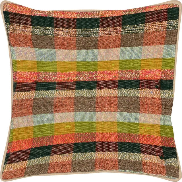 1960s Turkish Rag Pillow. Sewn with fragments of vintage hand made Anatolian cotton & linen kilims. Fiber fill. 523117