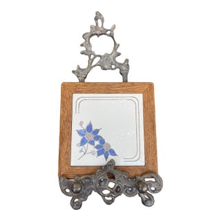 Vintage Handcrafted Ceramic Tile With Likely Oak Frame and Blue Floral Motif, Made in Usa. For Sale