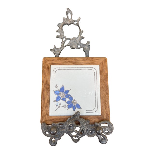 Vintage Handcrafted Ceramic Tile With Likely Oak Frame and Blue Floral Motif, Made in Usa. For Sale