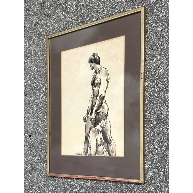 Abstract Vintage Boho Ink Figure Painting Signed by the Artist For Sale - Image 3 of 4