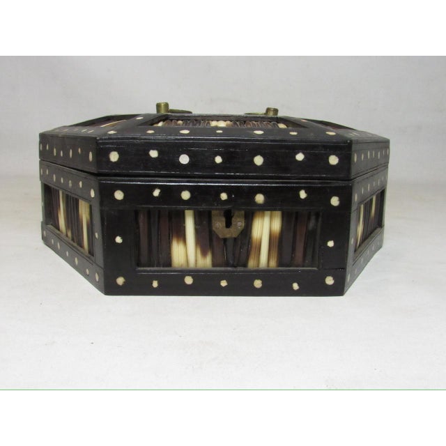 Antique Anglo Indian hexagonal porcupine quill box, c.1900 An unusual shaped box in ebony and porcupine quill with a brass...