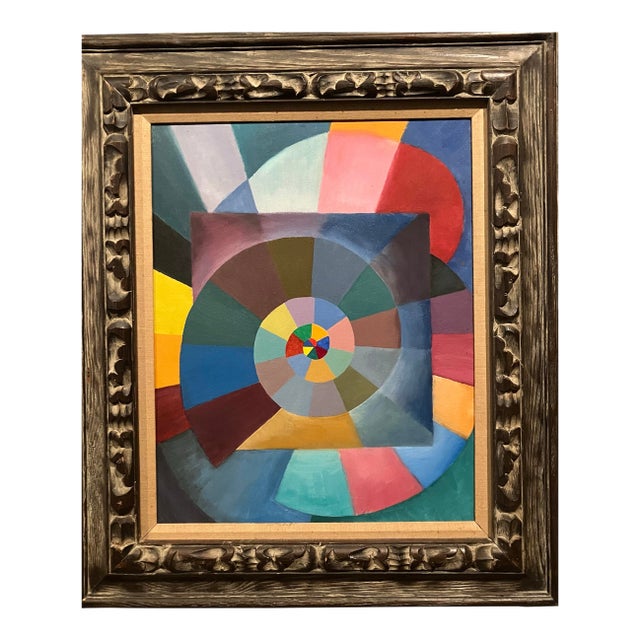 1970’s Op Art Geometric Abstract Painting Chunky Carved Wood Frame For Sale