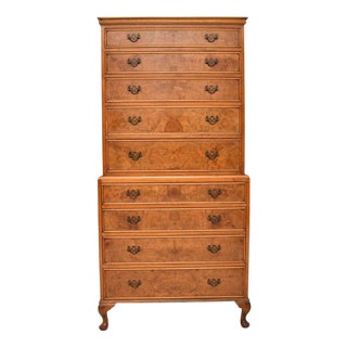 Antique Burr Walnut Chest on Chest of Drawers, 1930 For Sale