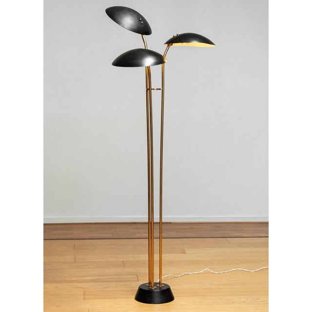 Brass with Black Shades Floor Lamp by Bröderna Malmström Metalware Factory, 1957 For Sale - Image 10 of 10