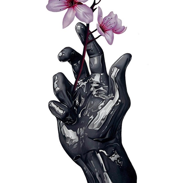Contemporary Divine Touch by Tanner Valant | Color Pencil on Paper Hand holding pink orchids For Sale - Image 3 of 3