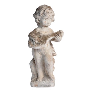 19th Century Stone Cherub Figural Garden Sculpture Playing Mandolin For Sale