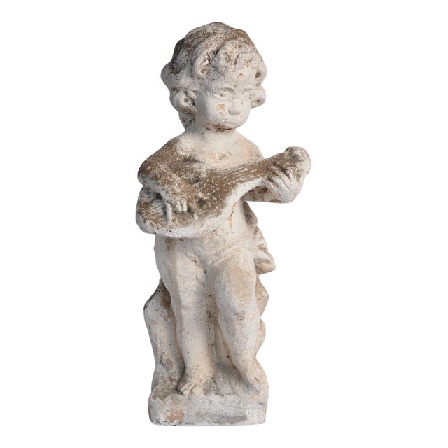19th Century Stone Cherub Figural Garden Sculpture Playing Mandolin For Sale
