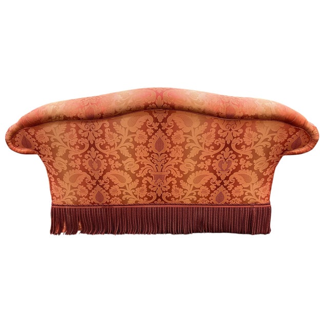 Late 20th Century Kravet Furniture Coral Silk Damask Camelback Loveseat With Bullion Fringe For Sale - Image 5 of 14