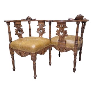 Antique Italian Renaissance Revival Carved Tufted Tete-a-Tete Settee Newly Reupholstered in Leather For Sale