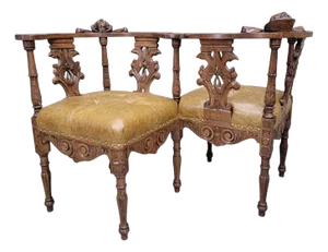 Antique Italian Renaissance Revival Carved Tufted Tete-a-Tete Settee Newly Reupholstered in Leather