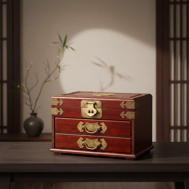Chinese Rosewood Jewelry Box-Brass Hardware-Silk Lined-Trinket Chest-Asian-Decor For Sale - Image 4 of 11