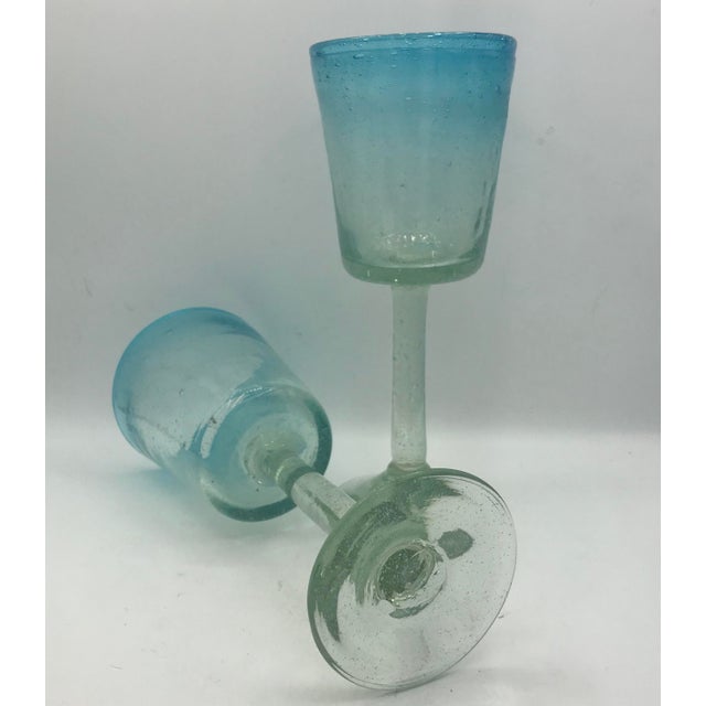 1990s Tall Hand Blown Aqua Ombre Art Glass Goblets - A Pair For Sale - Image 5 of 6