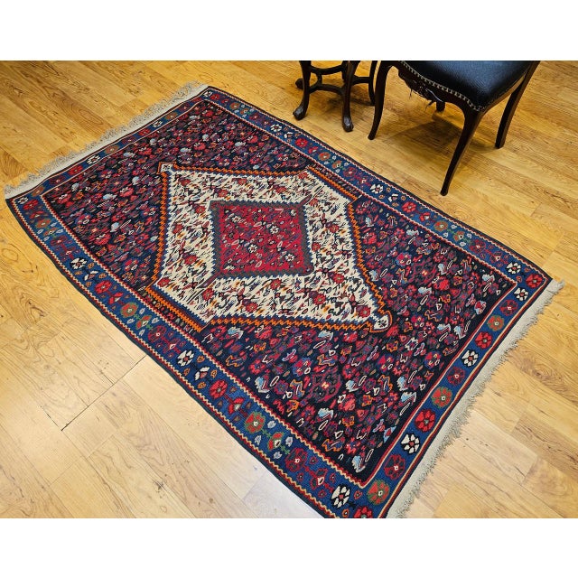 Vintage Persian Senneh Kilim Rug, Handwoven Wool & Cotton, Medallion Pattern, Navy & Ivory, 4x6 For Sale - Image 16 of 16