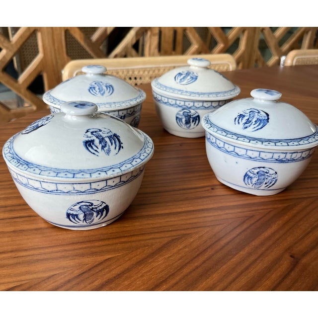 1960s Chinese Lidded Rice Bowls in Blue & White-Set of 4 For Sale - Image 4 of 10