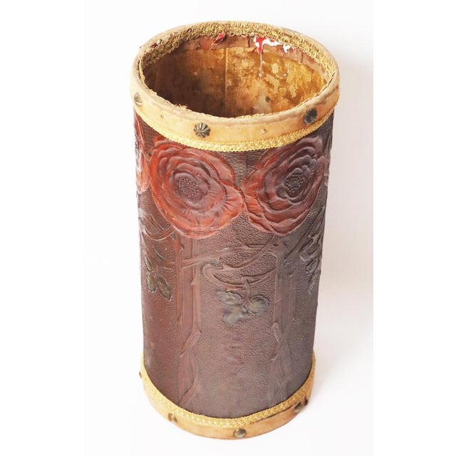 1900 - 1909 Art Nouveau Umbrella Stand Basket Embossed Leather Decorated Red Roses, 1900 For Sale - Image 5 of 17