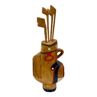 Vintage Hand-Carved Wooden Golf Bag & Clubs – Folk Art Sculpture With Removable Clubs For Sale