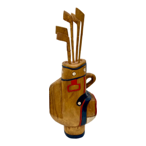 Vintage Hand-Carved Wooden Golf Bag & Clubs – Folk Art Sculpture With Removable Clubs