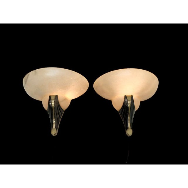 Mid-Century Modern Art Deco Alabaster and Bronze Wall Sconces, 1950s, Set of 2 For Sale - Image 3 of 13