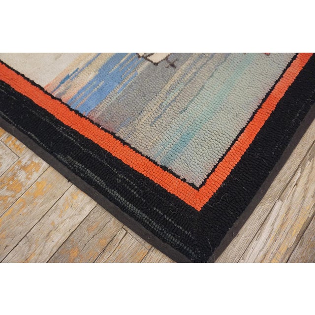 Early 20th Century 1930s Gray Nautical Scene Folk Art Antique American Hooked Rug 2'7" X 4'2" Handknotted Wool Carpet For Sale - Image 5 of 6