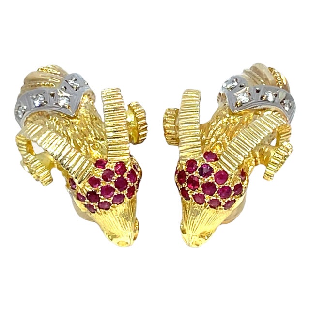 18k Yellow & White Gold Ram’s Head Lever-Back Earrings Set With Ruby and Diamond, A Pair For Sale