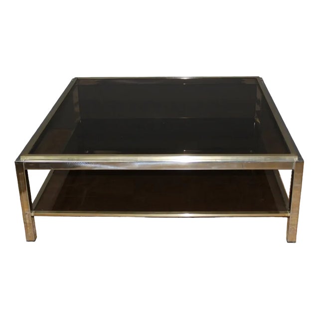 Square Coffee Table in Chrome and Brass, 1970s For Sale