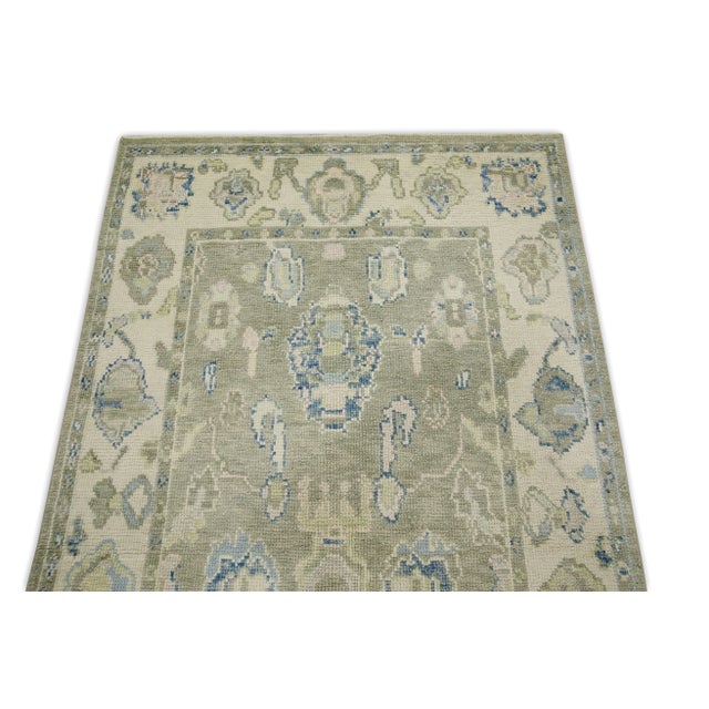 Early 21st Century Green & Blue Floral Design Handwoven Wool Turkish Oushak Rug 3'10" X 6'6" For Sale - Image 4 of 7